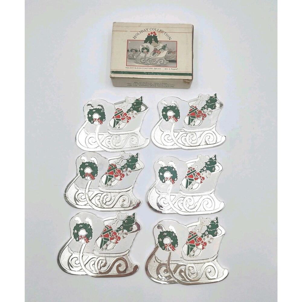 Vintage Oneida Christmas Holiday Sleigh Coaster Silver Wm A Rogers w/ Box Set 6
